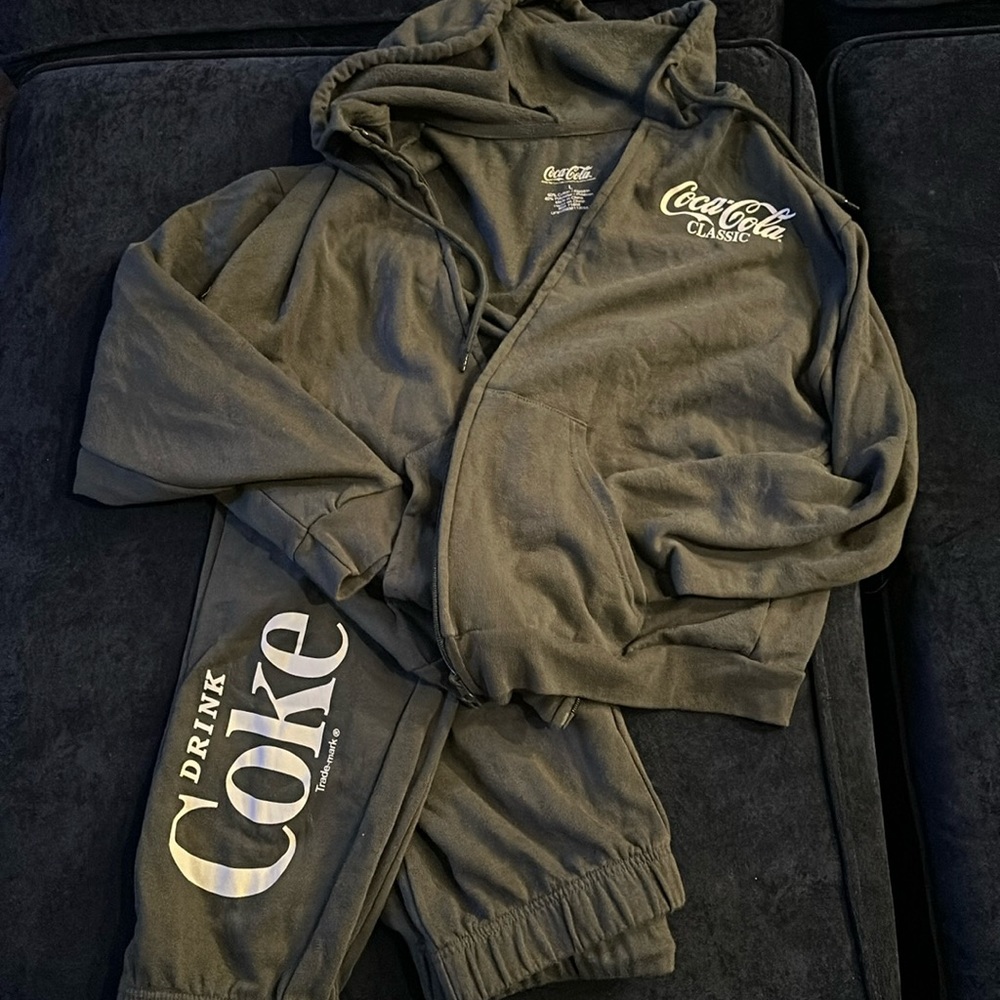 Coca Cola brand/logo gray jogging pants and zip up pocketed hoodie , size large